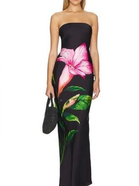 ROCOCO SAND Strapless Black Maxi Dress with Pink Floral Print, size small!